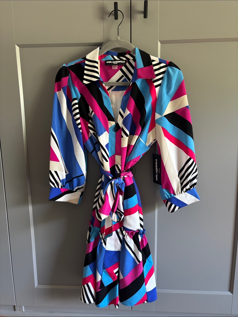 Karl Lagerfeld Multi-Color Geometric Stripe Tie-Waist Dress